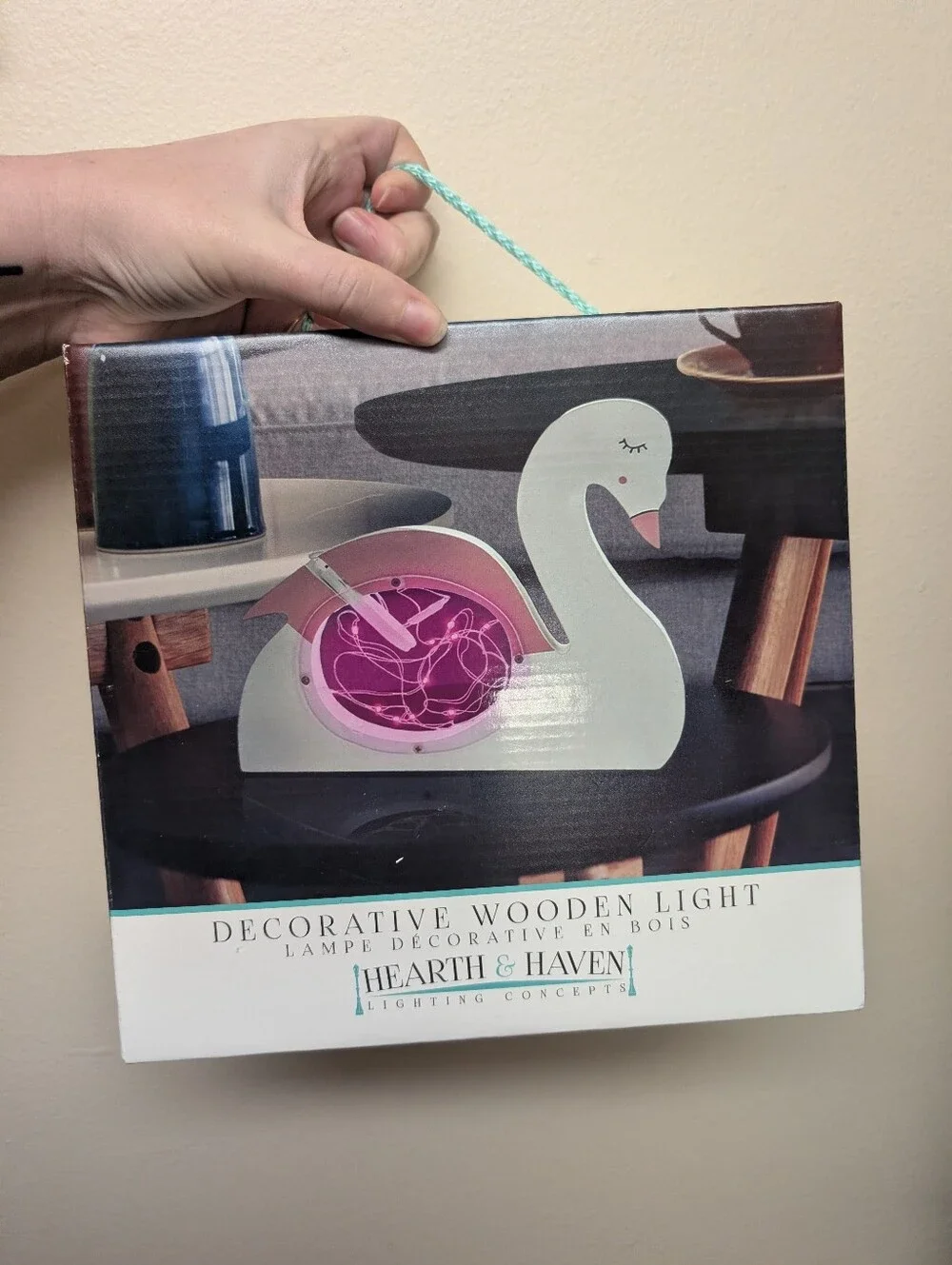 NIB White And Pink Swan Decorative Wooden Light
